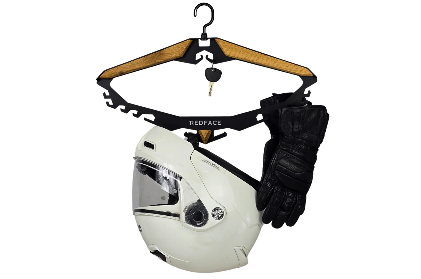 Metall-Kleiderbügel für Motorradhelm, Mütze, Jacke, Kleidung, Schlüssel / 14 Haken / alle Accessoires an einem Ort ohne Bohren / Schwarzer mit Eichenholzelementen