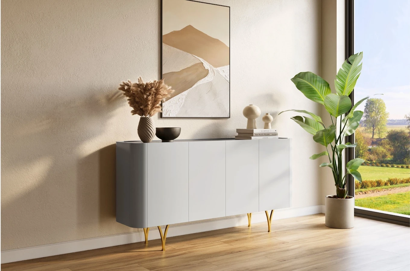 Moderne Kommode Dancan Monza / 160 cm / graue mit goldenen Beinen
