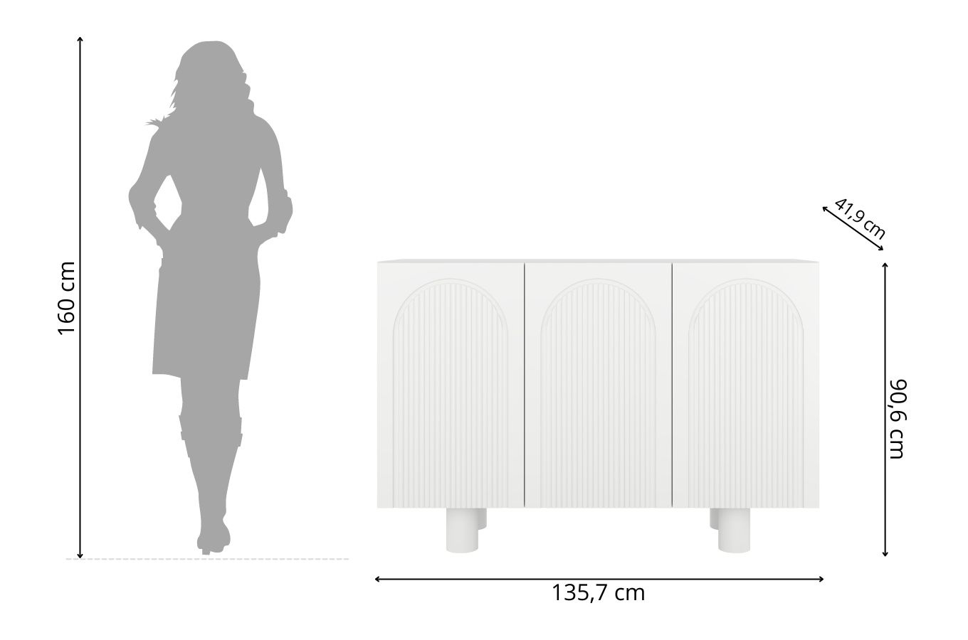 Skandica Rita Grifflose Kommode mit Bögen / runde Beine / Geschnitzte Fronten / 135 Cm / Weiß