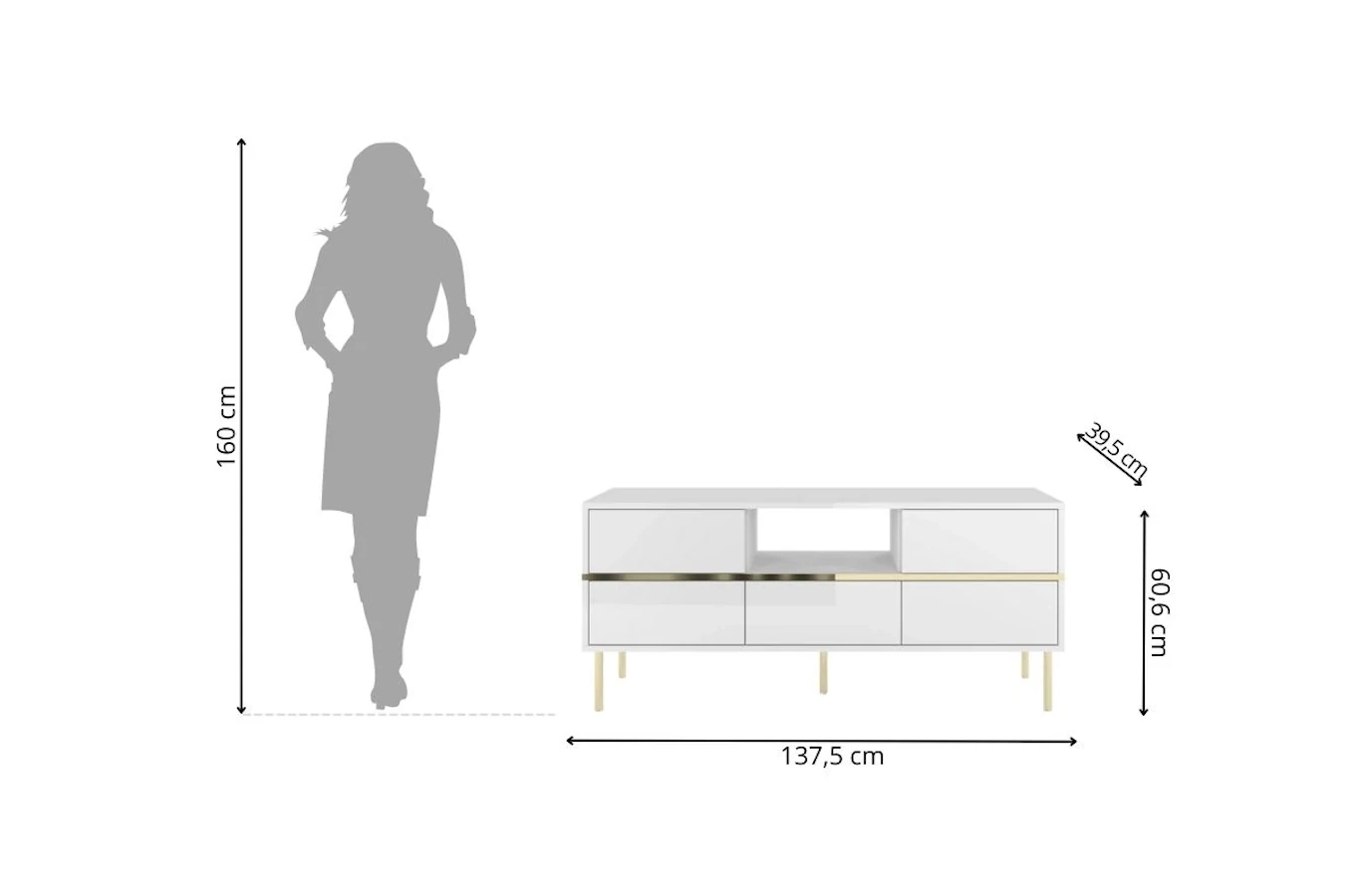 Dancan Marika Tv-Kommode Mit Goldenen Akcentem / Hochglanz / 5 Schubladen / 1 Offenem Fach / 137 Cm / Weiß