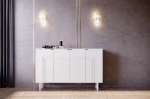 Dancan Yoko Kommode / Tv Schrank / Mit Dekorativen Fronten Und Goldgriffen / 4 Türen / 156 Cm / Weiß