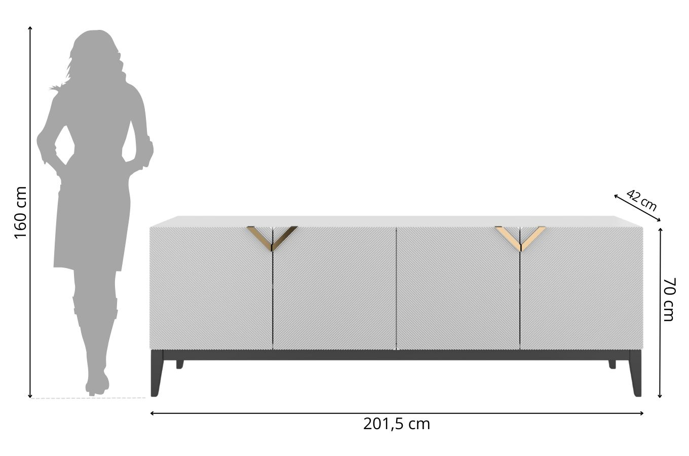 Holzkommode Visby Demi Long / 201,5 Cm / Weiß + schwarze Beine