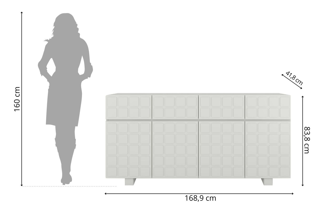 Skandica Cubo Long Kommode 3D mit dekorierter Front / 4 Schubladen / 4 Türen / 169 Cm / Milchgrau