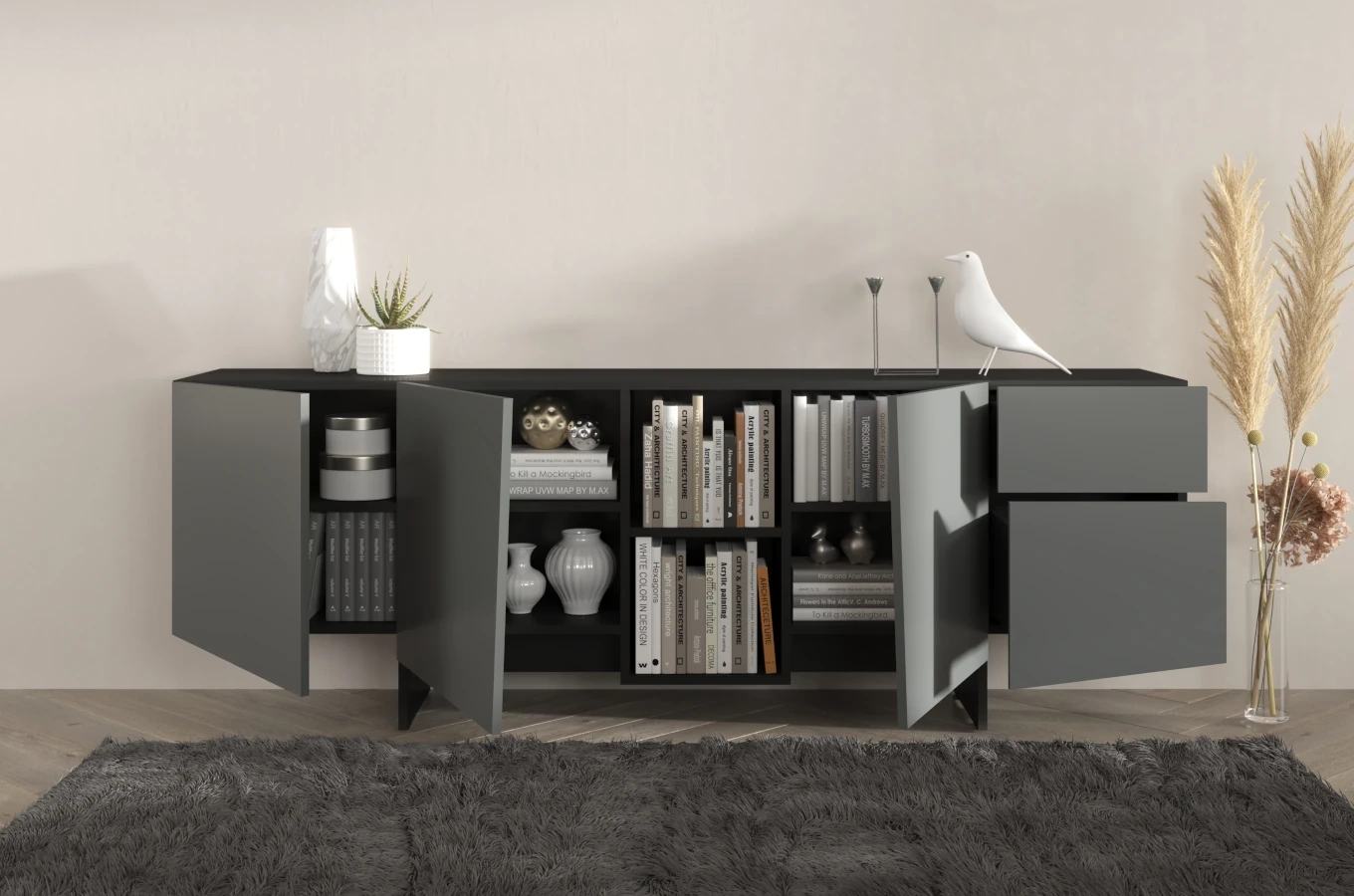 Skandica Wing Moderne Kommode mit Schubladen / Asymmetrische Fronten / 200 Cm / Schwarz-Grau