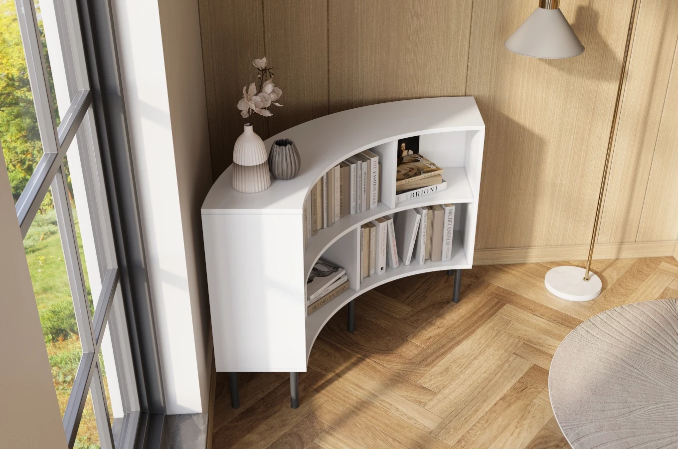 Skandica Horn Eckregal / Bücherregal / Niedriges Regal In Bogenform / Mit Schwarzen Beinen / 4 Fächern / 100 Cm / Weiß