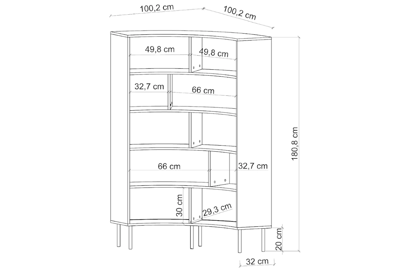 Skandica Horn Eckregal / Bücherregal / Hoches Regal In Bogenform / Mit Schwarzen Beinen / 10 Fächern / 100 Cm / Schwarz