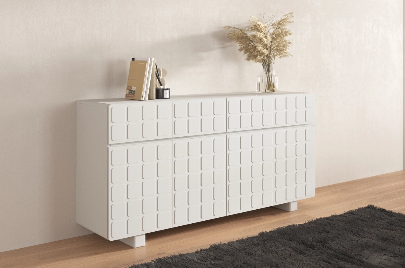 Skandica Cubo Long Kommode 3D mit dekorierter Front / 4 Schubladen / 4 Türen / 169 Cm / Milchgrau