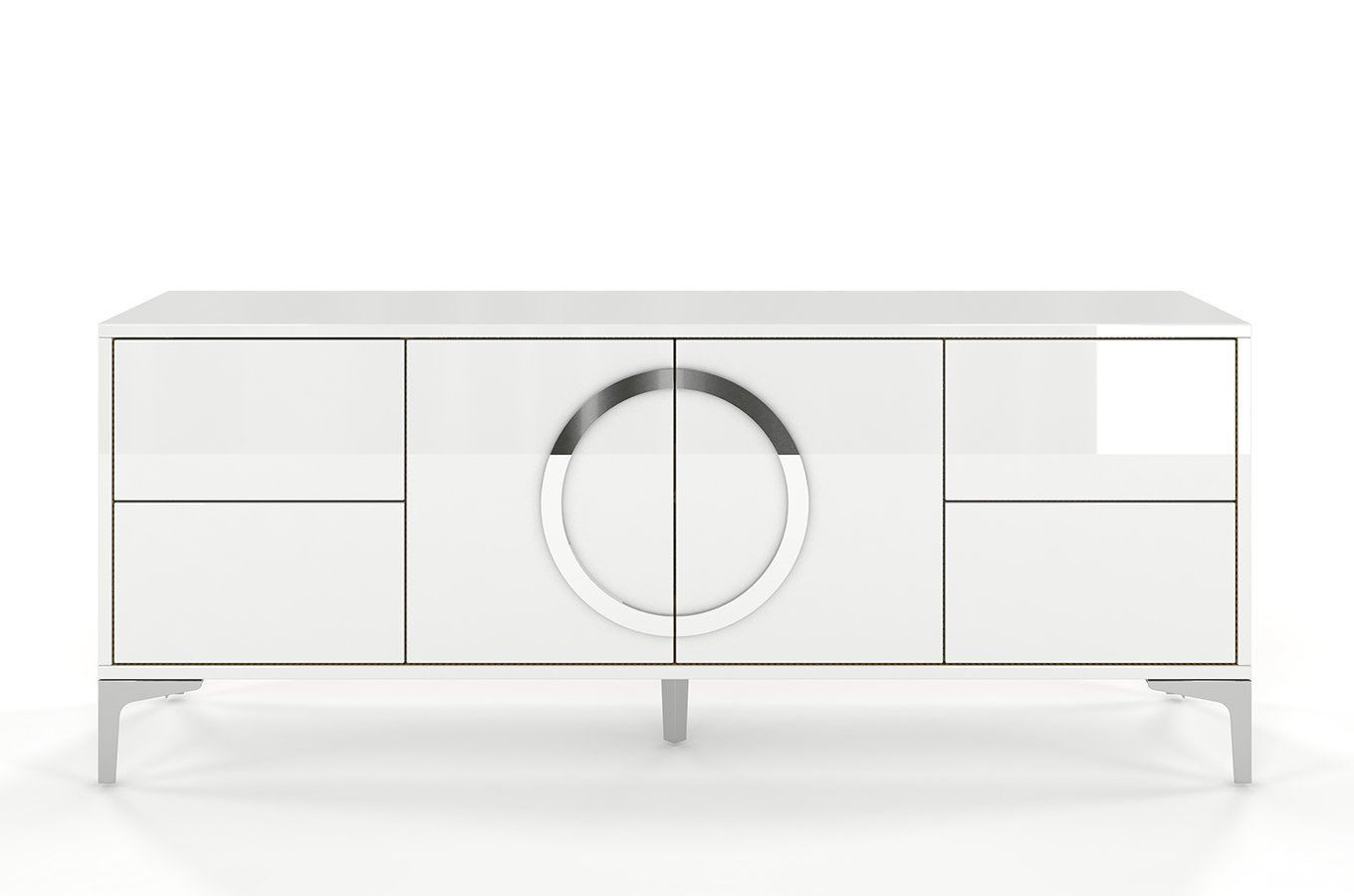 Dancan Eva Moderne Tv-Schrank Mit Silbernen Akzenten / Hochglanz / 4 Schubladen / 150 Cm / Weiß