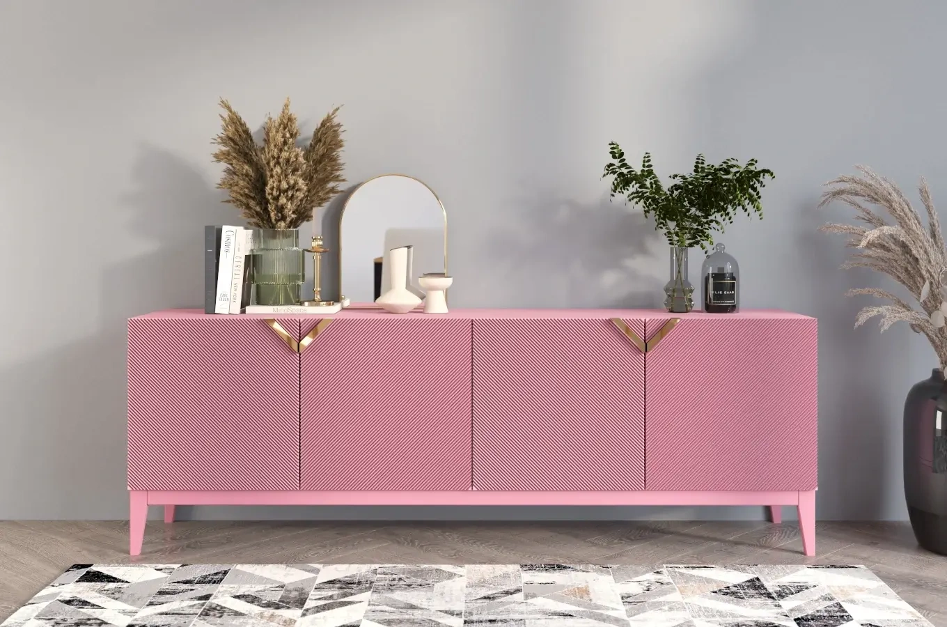 Holzkommode Visby Demi Long / 201,5 Cm / Puderrosa