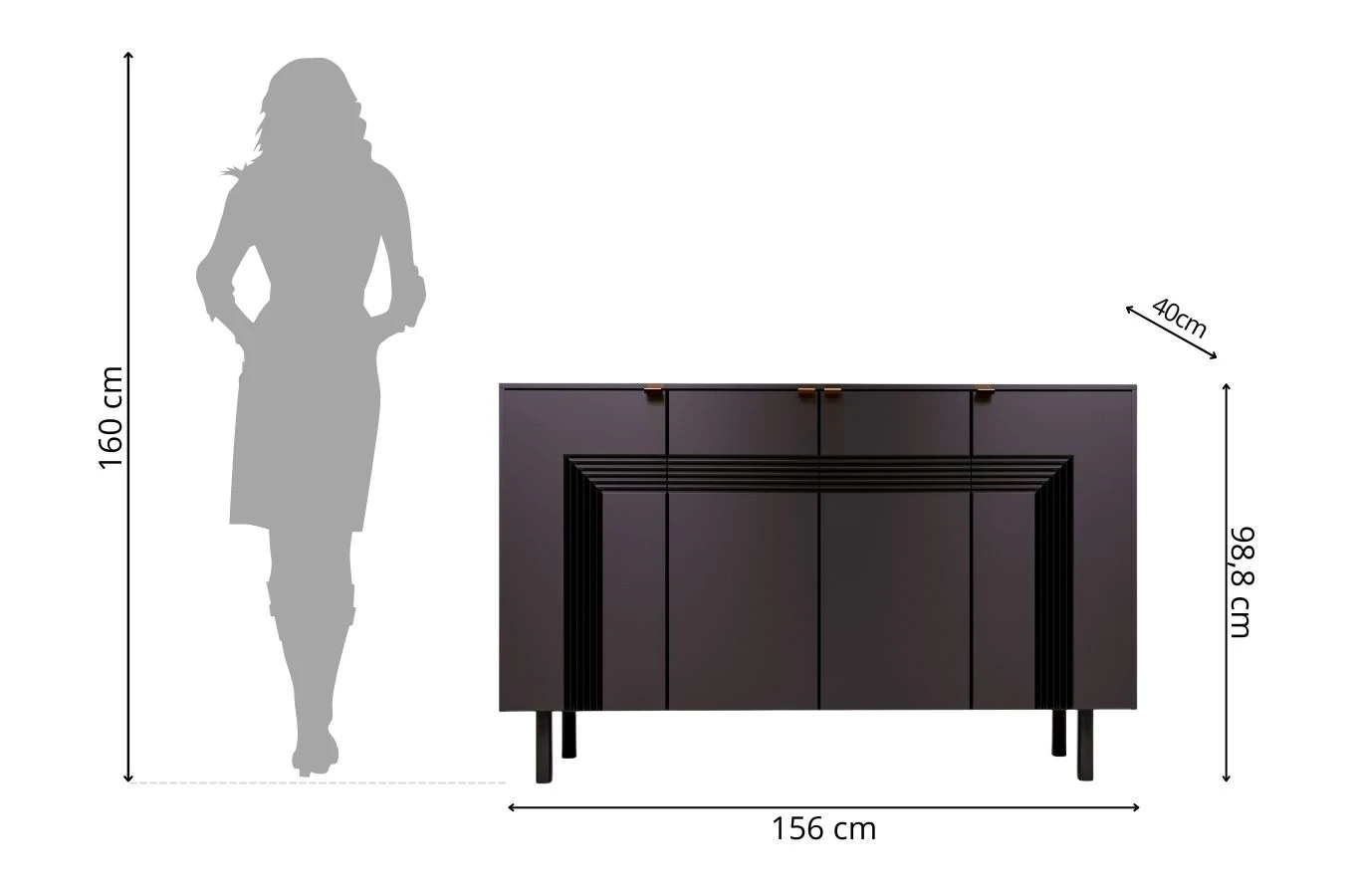 Dancan Yoko Kommode / Tv Schrank / Mit Dekorativen Fronten Und Goldgriffen / 4 Türen / 156 Cm / Schwarz