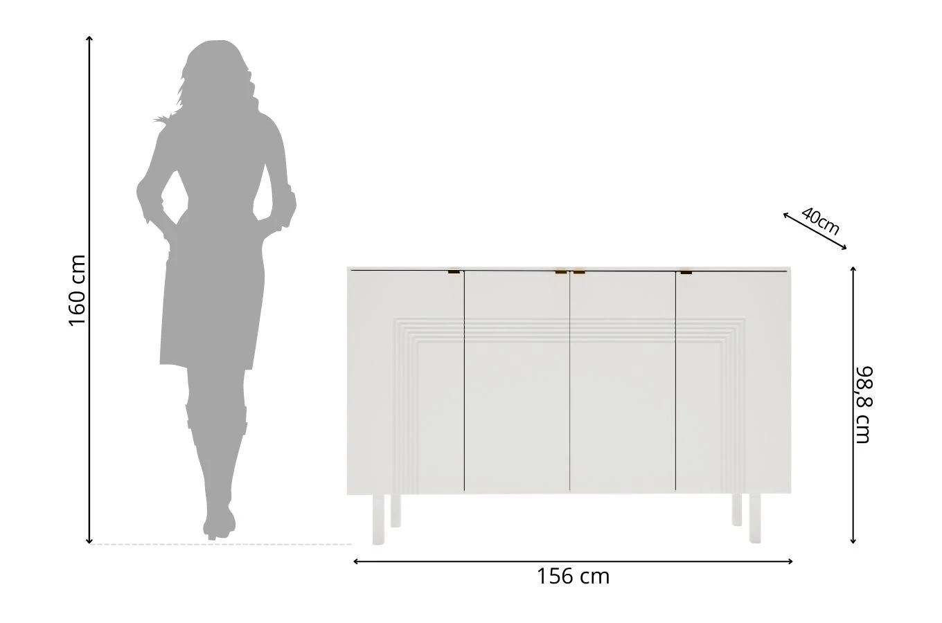 Dancan Yoko Kommode / Tv Schrank / Mit Dekorativen Fronten Und Goldgriffen / 4 Türen / 156 Cm / Weiß