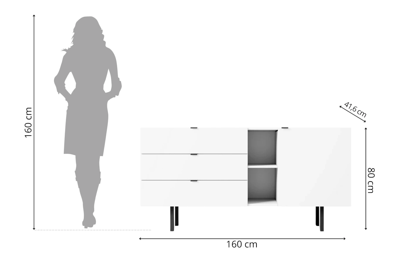 Skandica Myway Moderne Kommode mit Schubladen / Minimalistische Kommode auf Metallbeinen / 160 Cm / Weiß