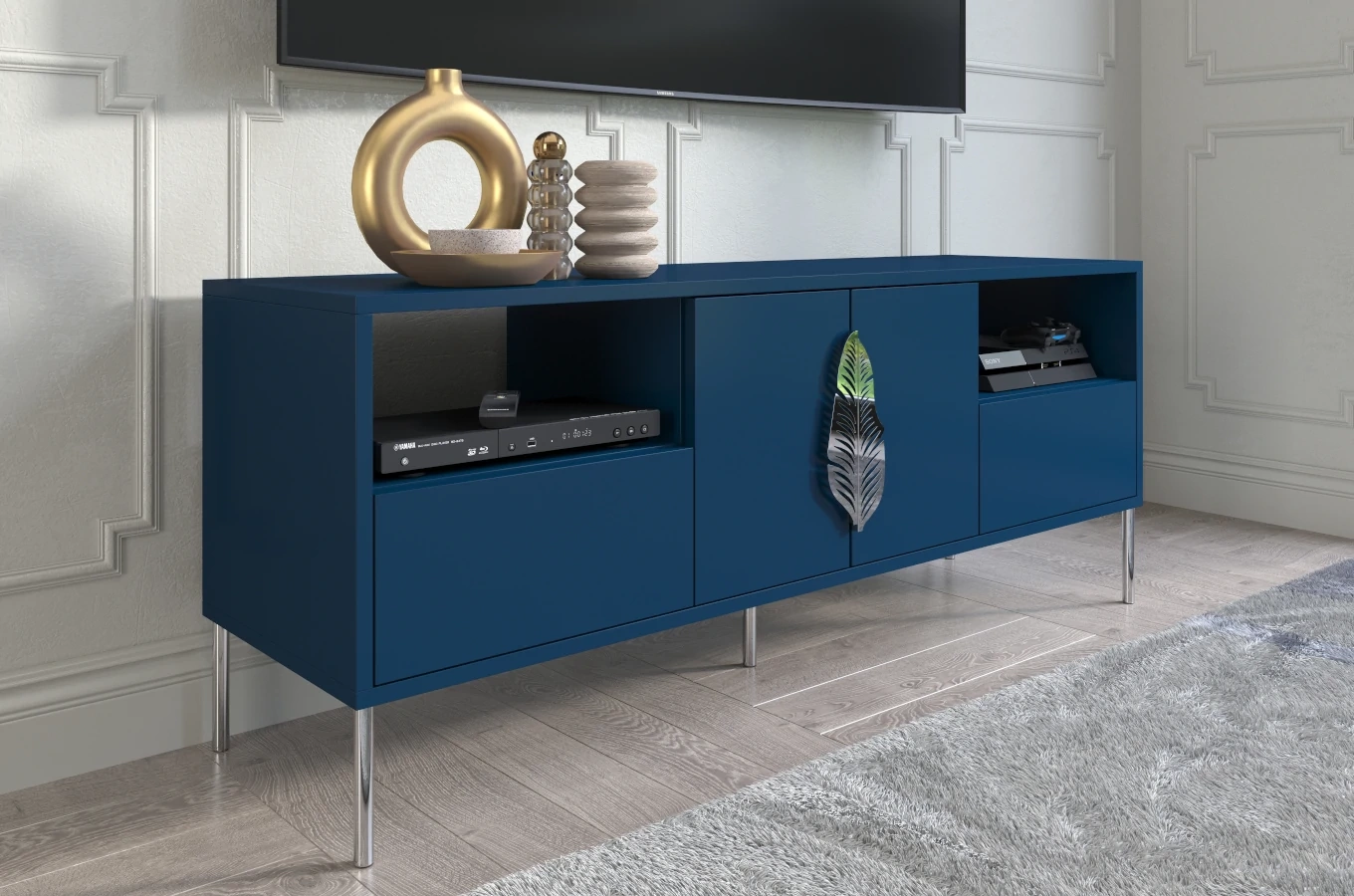 Skandica Merlin Tv-Schrank Mit Silbernen Details / 138 Cm / Marineblau