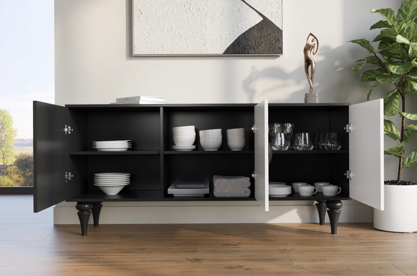 Moderne Kommode Dancan Paradis / 3 Fächer / 158 cm / Schwarz-Weiß