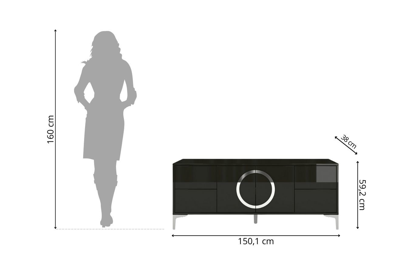 Dancan Eva Moderne Tv-Schrank Mit Silbernen Akzenten / Hochglanz / 4 Schubladen / 150 Cm / Schwarz
