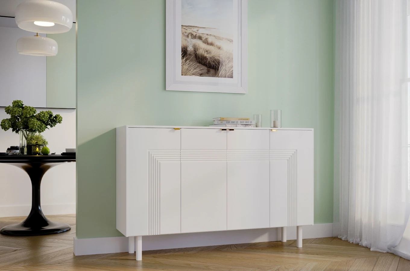 Dancan Yoko Kommode / Tv Schrank / Mit Dekorativen Fronten Und Goldgriffen / 4 Türen / 156 Cm / Weiß