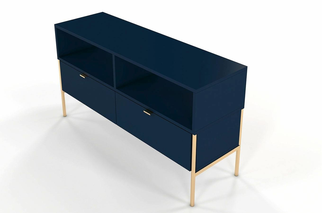Skandica Polka Elegante Tv-Kommode Auf Goldenen Beinen / 2 Schubladen / 120 Cm / Marineblau