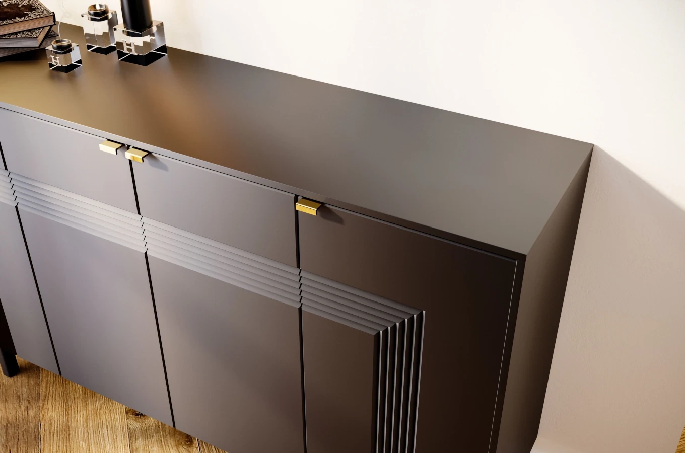 Dancan Yoko Kommode / Tv Schrank / Mit Dekorativen Fronten Und Goldgriffen / 4 Türen / 156 Cm / Schwarz