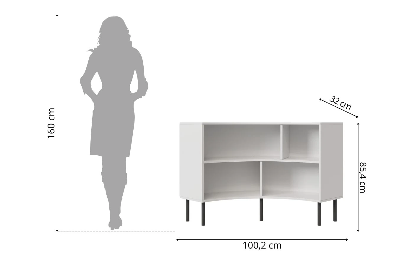 Skandica Horn Eckregal / Bücherregal / Niedriges Regal In Bogenform / Mit Schwarzen Beinen / 4 Fächern / 100 Cm / Weiß