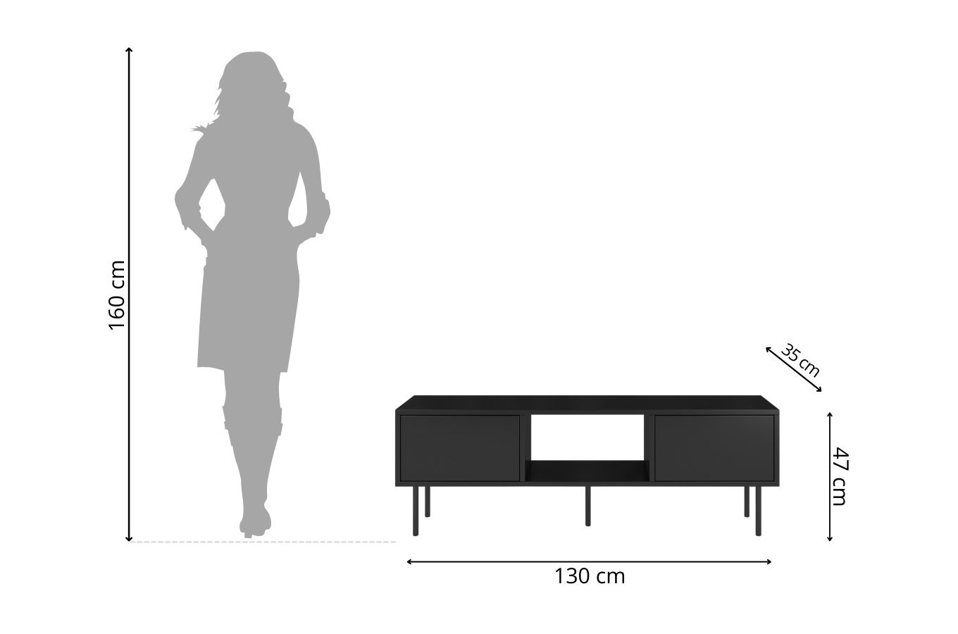 Dancan Mirka Minimalistische Tv-Schrank Auf Metallbeinen / 130 Cm / Schwarz