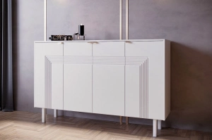 Dancan Yoko Kommode / Tv Schrank / Mit Dekorativen Fronten Und Goldgriffen / 4 Türen / 156 Cm / Weiß