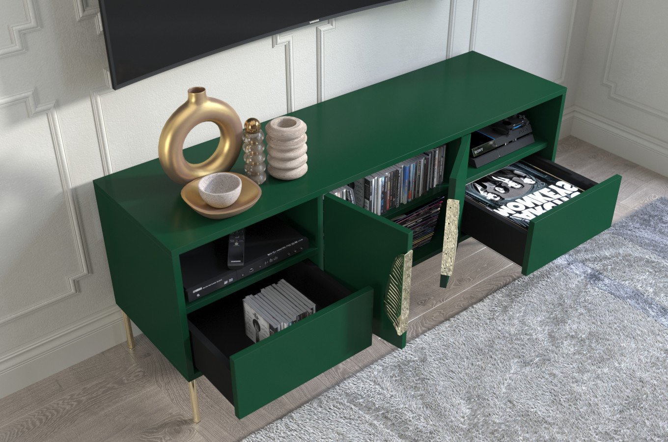 Skandica Merlin Tv-Schrank Mit Goldenen Details / 138 Cm / Grün