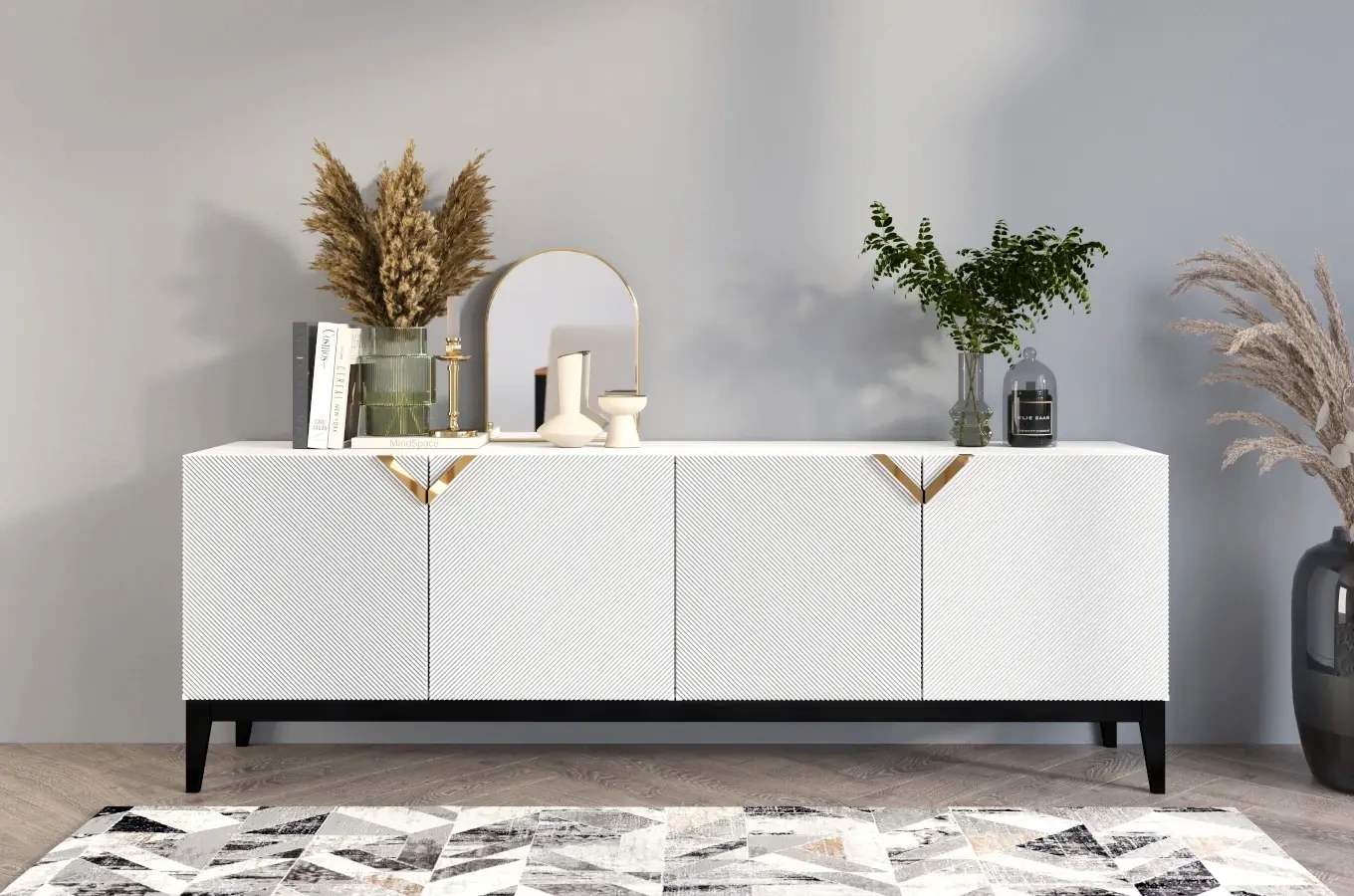 Holzkommode Visby Demi Long / 201,5 Cm / Weiß + schwarze Beine