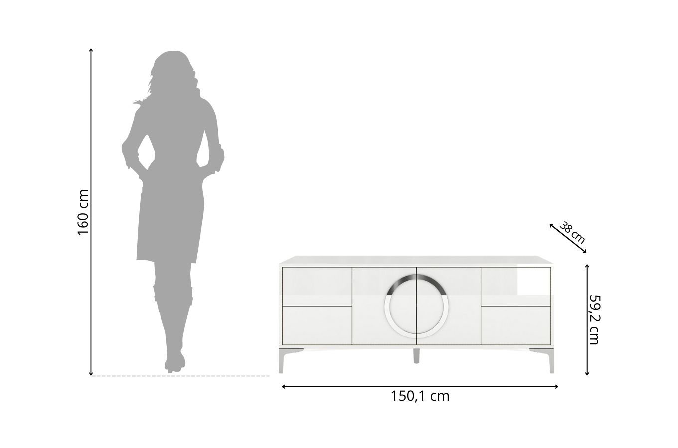 Dancan Eva Moderne Tv-Schrank Mit Silbernen Akzenten / Hochglanz / 4 Schubladen / 150 Cm / Weiß