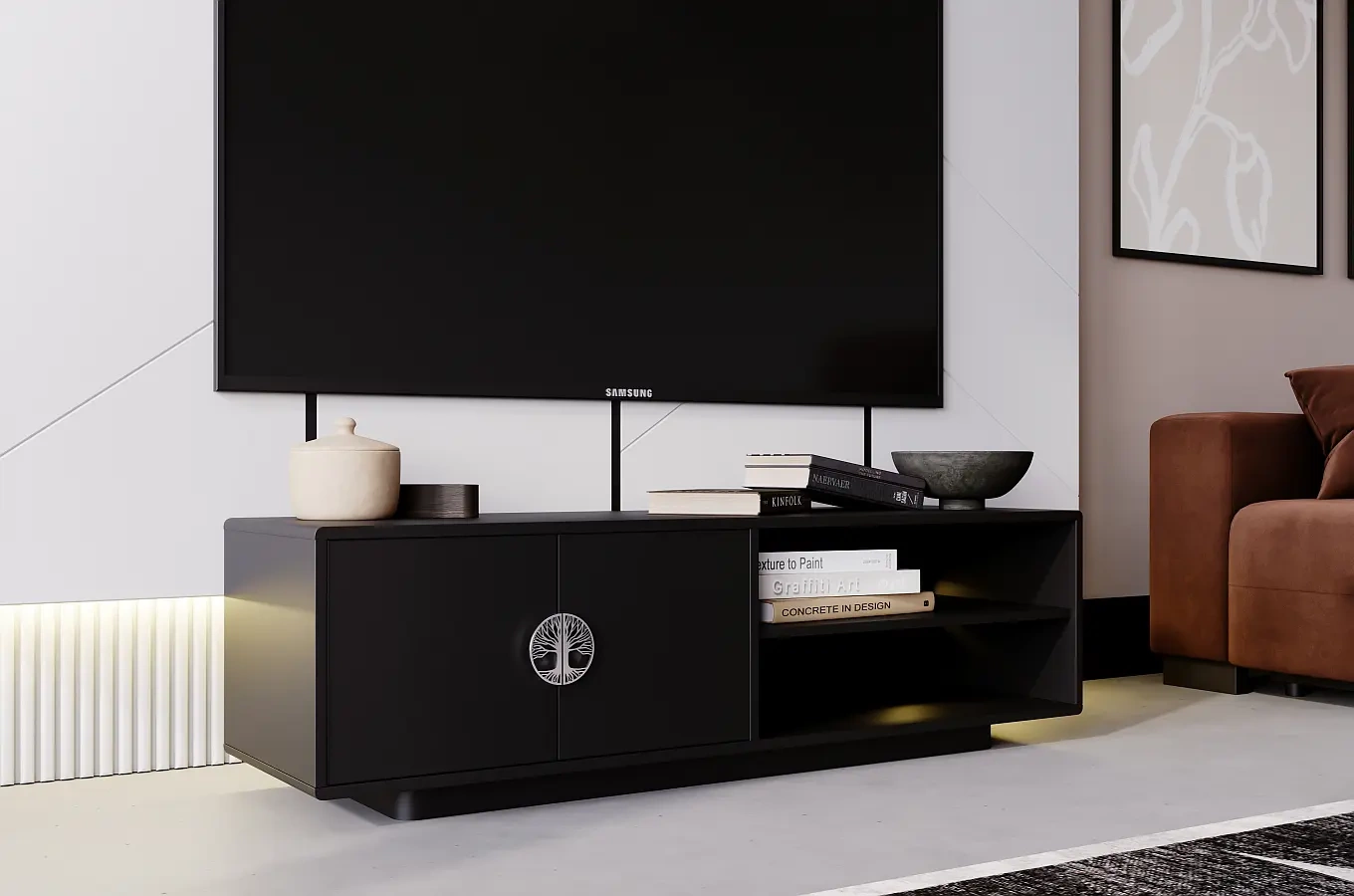 Dancan Lotta Tv-Schrank Mit Silbernen Griffen / Abgerundete Kanten / 139 Cm / Schwarz