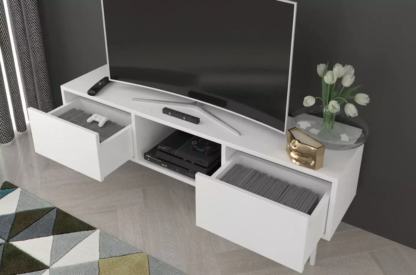 Dancan Mirka Minimalistische Tv-Schrank Auf Metallbeinen / 130 Cm / Weiß