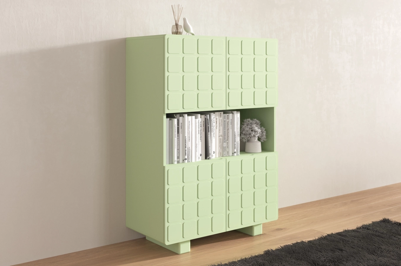 Skandica Cubo High Kommode 3D mit dekoriert Front / 4 Türen / 85 x 120 Cm / Pastellgrün