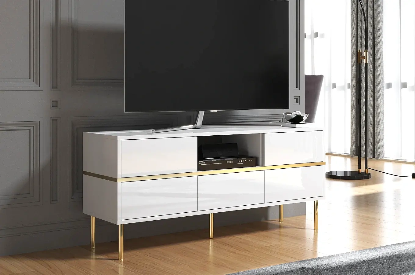 Dancan Marika Tv-Kommode Mit Goldenen Akcentem / Hochglanz / 5 Schubladen / 1 Offenem Fach / 137 Cm / Weiß