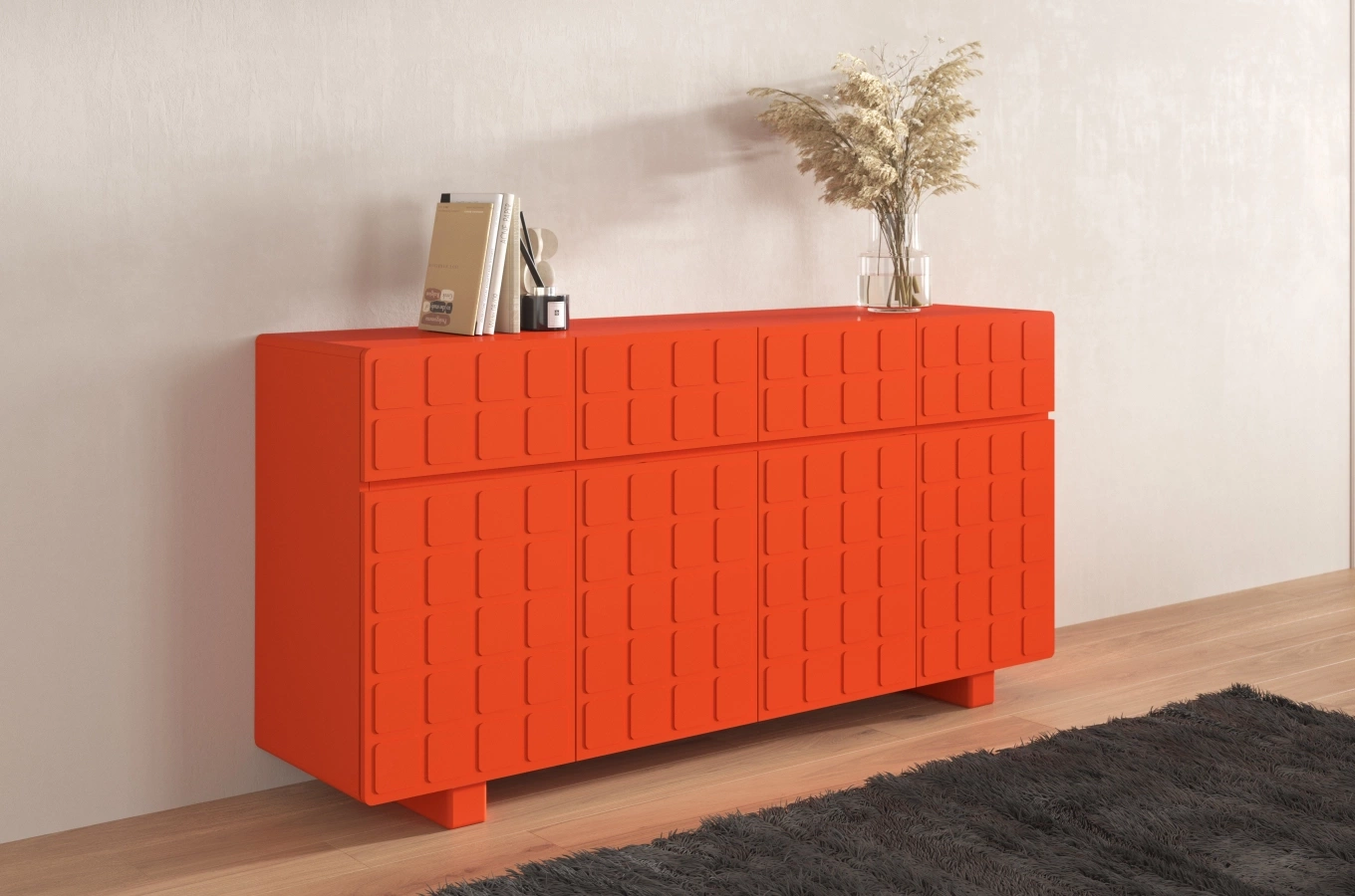 Skandica Cubo Long Kommode 3D mit dekorierter Front / 4 Schubladen / 4 Türen / 169 Cm / Orange