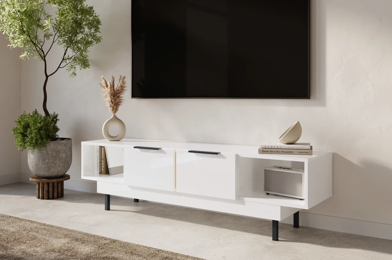 Dancan Artemisa Tv-Kommode Mit Goldenem Akzent / Hochglanz / 2 Schubladen / 2 Offenen Fächern / 163 Cm / Weiß