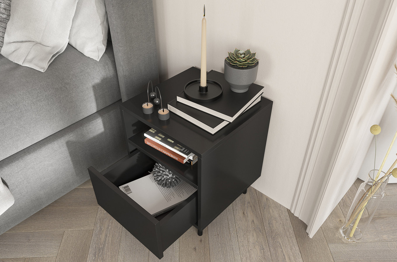 Dancan Mirka Minimalistische Nachttisch Mit Schublade Auf Metallbeinen / 40 Cm / Schwarz