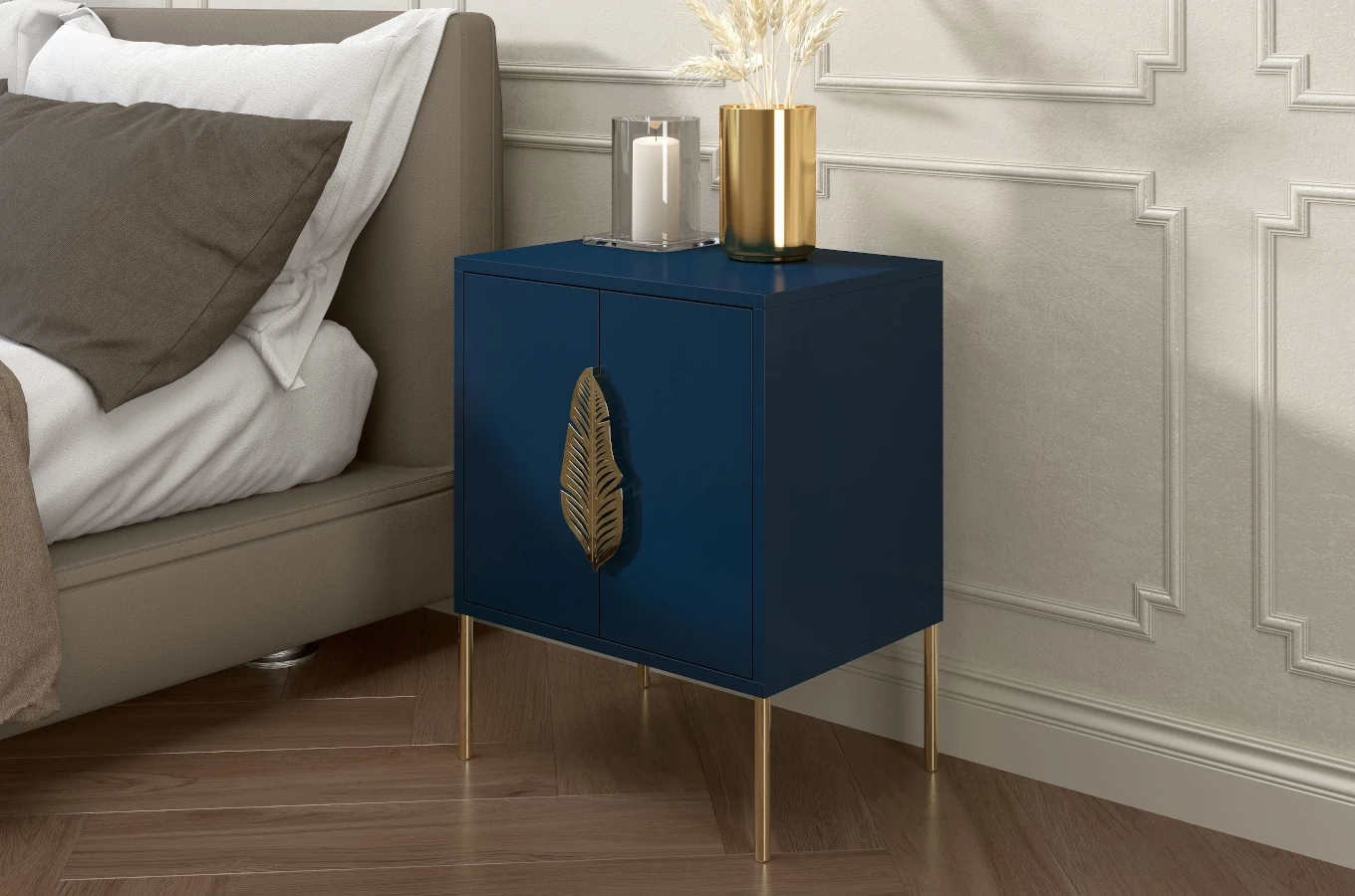 Skandica Merlin Nachttisch, Beistelltisch Mit Goldenen Details / 54 Cm / Marineblau