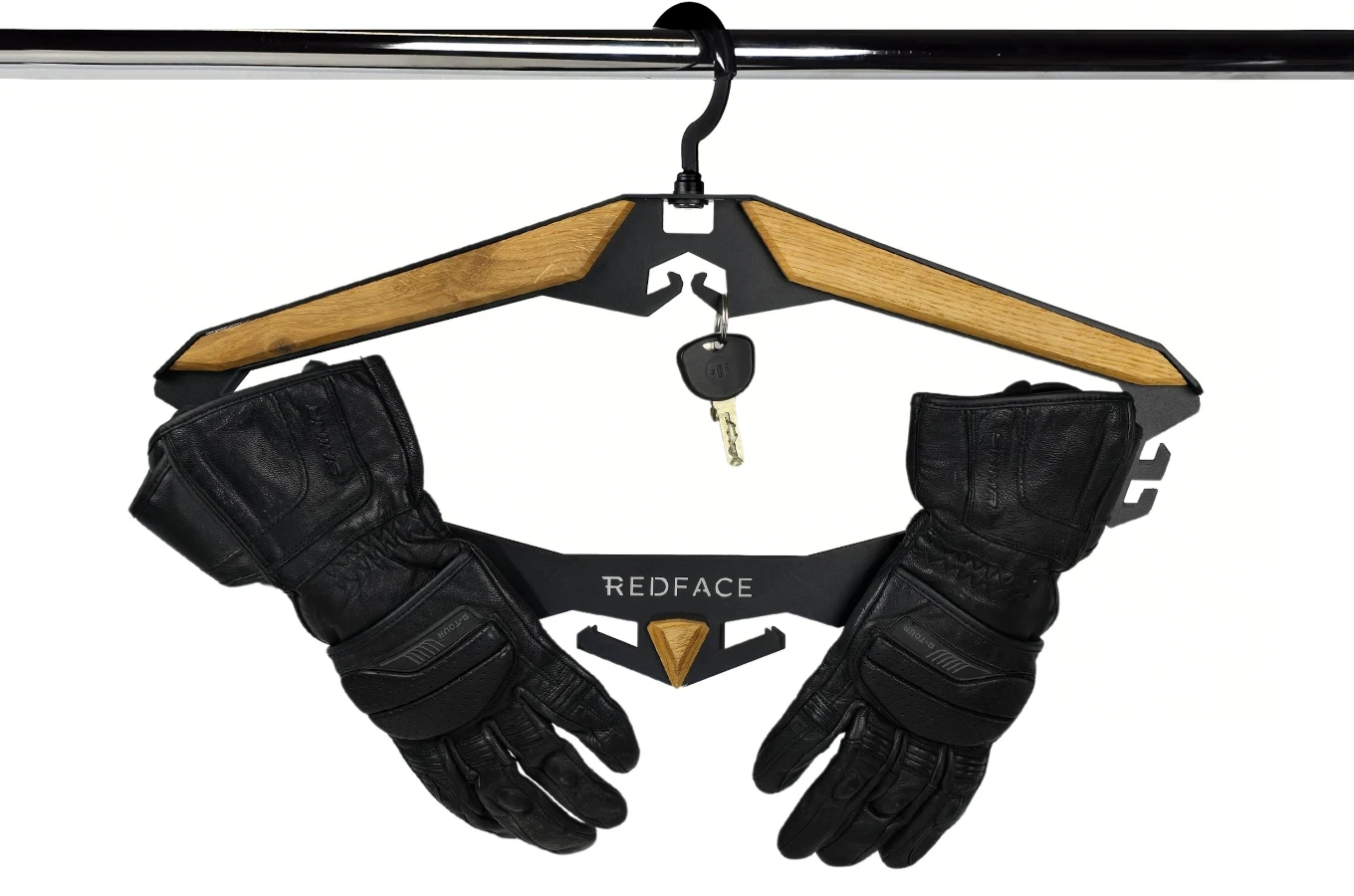 Metall-Kleiderbügel für Motorradhelm, Mütze, Jacke, Kleidung, Schlüssel / 14 Haken / alle Accessoires an einem Ort ohne Bohren / Schwarzer mit Eichenholzelementen