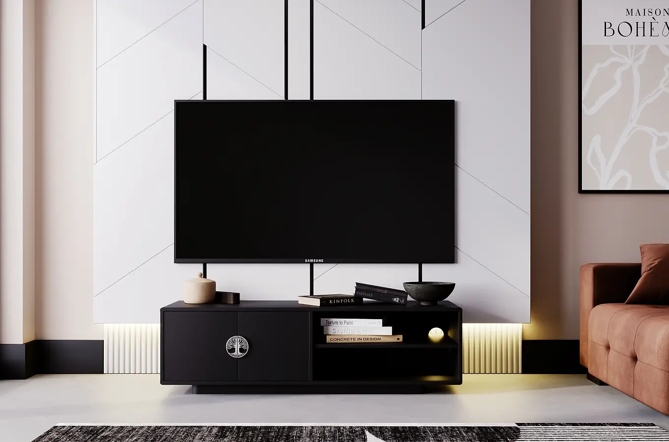 Dancan Lotta Tv-Schrank Mit Silbernen Griffen / Abgerundete Kanten / 139 Cm / Schwarz