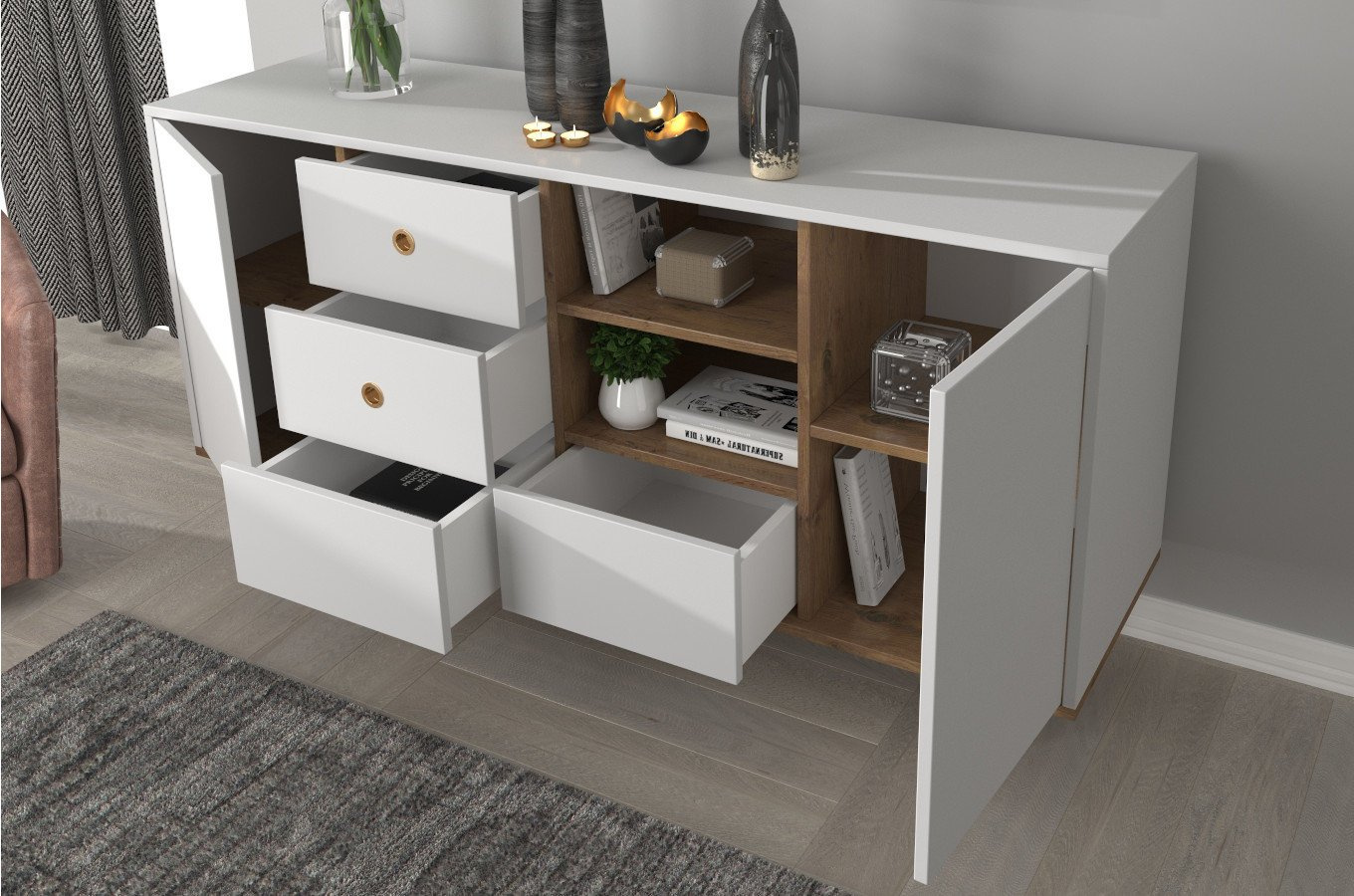 Harmoni Kommode Mit Goldenen Details / 2 Türen / 4 Schubladen / 2 Offenen Fächern / 160 Cm / Eiche / Weiß