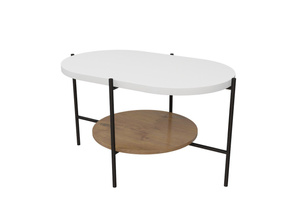 Dancan Arena Moderner Couchtisch mit 2 Ablagen / Oval + Rund / 80 x 50 x 50 Cm / mit Schwarz Metallgestell / Weiß / Eiche
