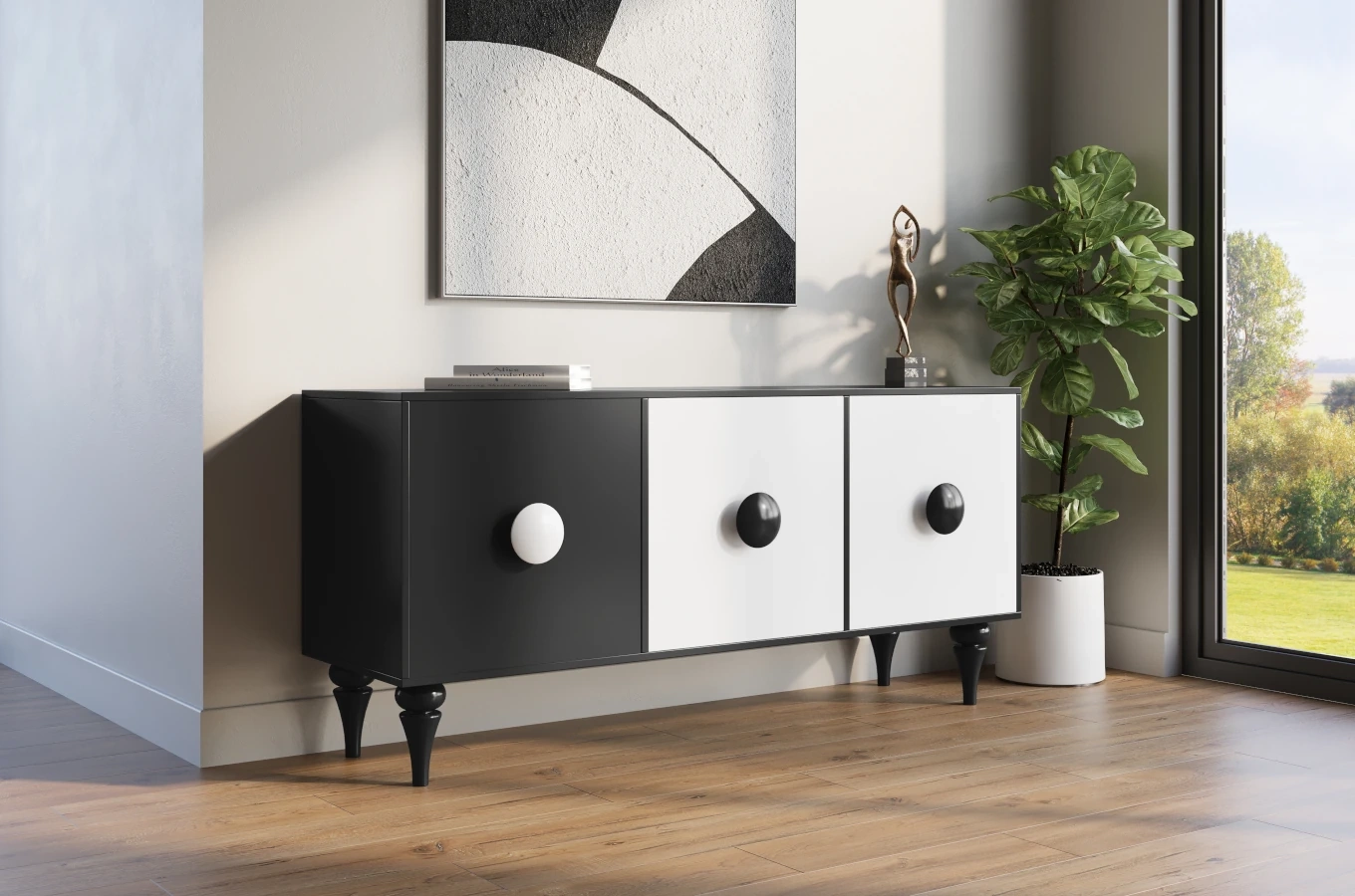 Moderne Kommode Dancan Paradis / 3 Fächer / 158 cm / Schwarz-Weiß