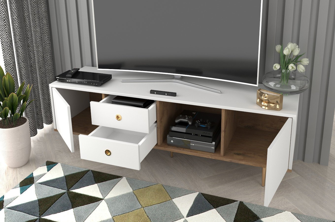 Skandica Harmoni TV-SCHRANK / Kommode Mit Goldenen Details / 2 Türen / 2 Schubladen / 1 Offenes Fach / 160 Cm / Eiche / Weiß