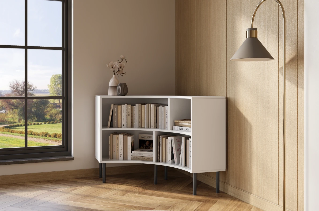 Skandica Horn Eckregal / Bücherregal / Niedriges Regal In Bogenform / Mit Schwarzen Beinen / 4 Fächern / 100 Cm / Weiß