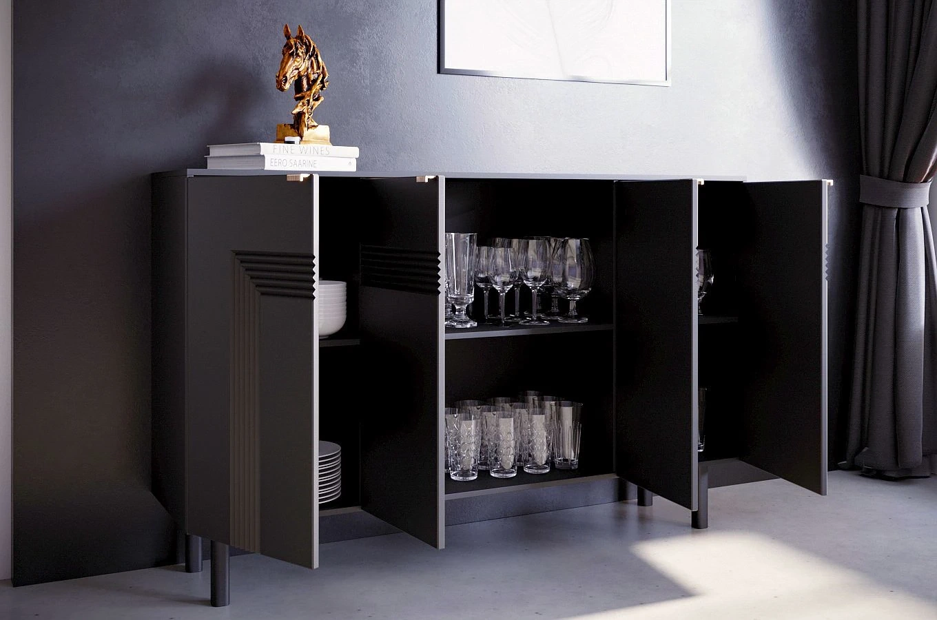 Dancan Yoko Kommode / Tv Schrank / Mit Dekorativen Fronten Und Goldgriffen / 4 Türen / 156 Cm / Schwarz