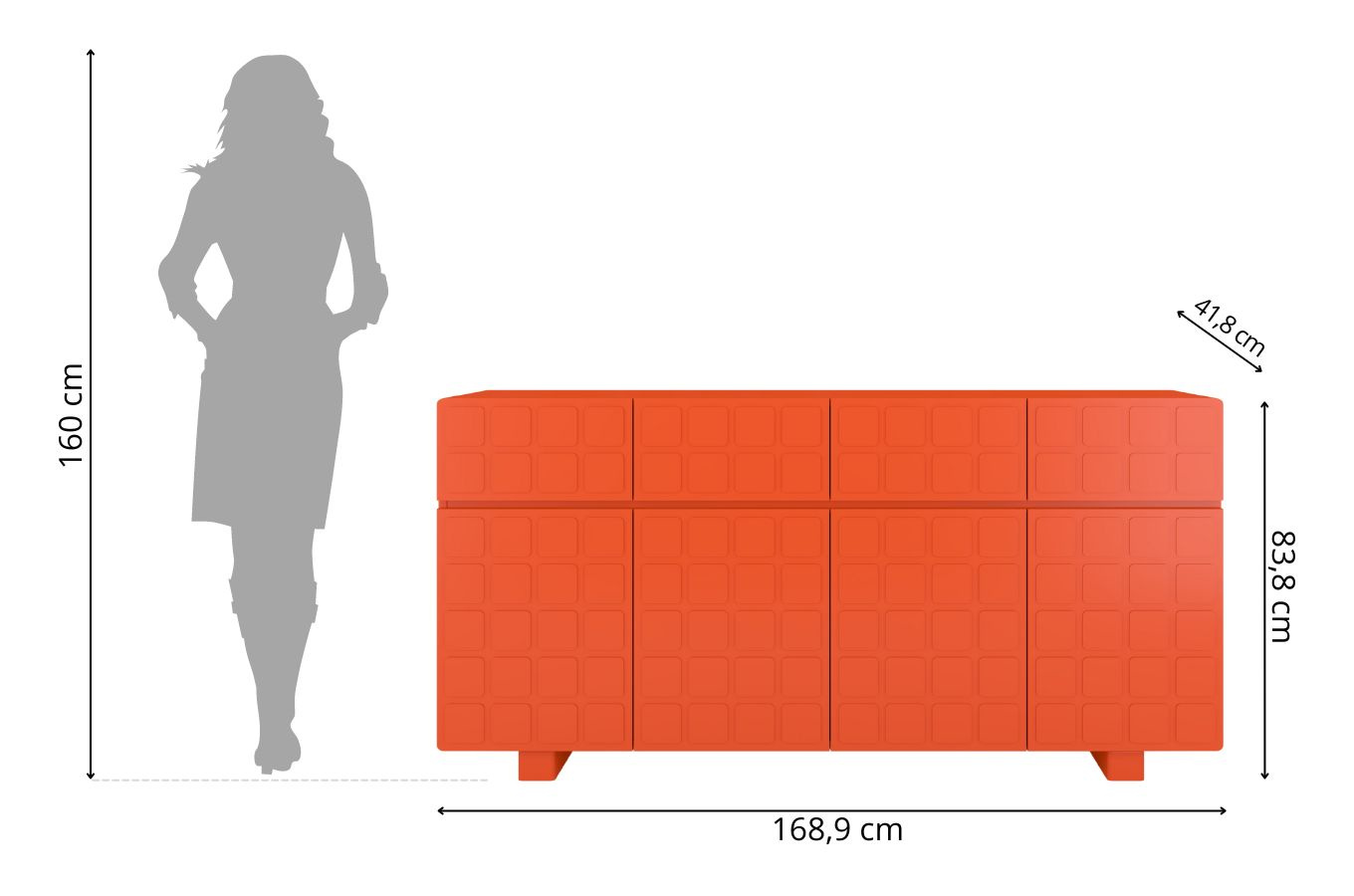 Skandica Cubo Long Kommode 3D mit dekorierter Front / 4 Schubladen / 4 Türen / 169 Cm / Orange