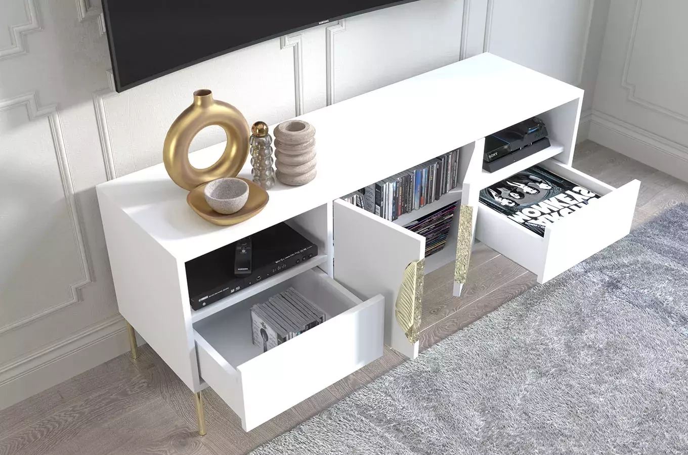 Skandica Merlin Tv-Schrank Mit Goldenen Details / 138 Cm / Weiß