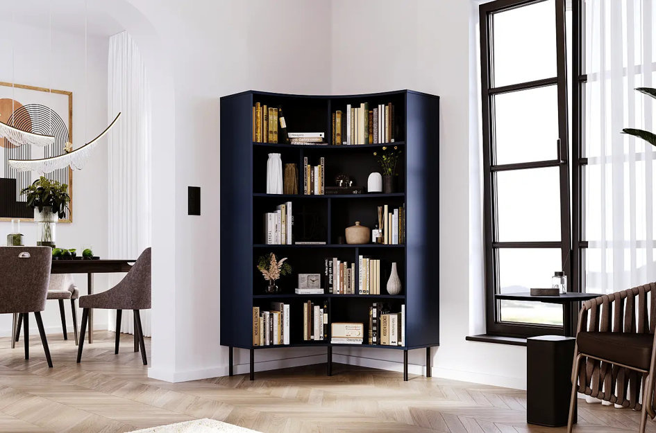 Skandica Horn Eckregal / Bücherregal / Hoches Regal In Bogenform / Mit Schwarzen Beinen / 10 Fächern / 100 Cm / Marineblau