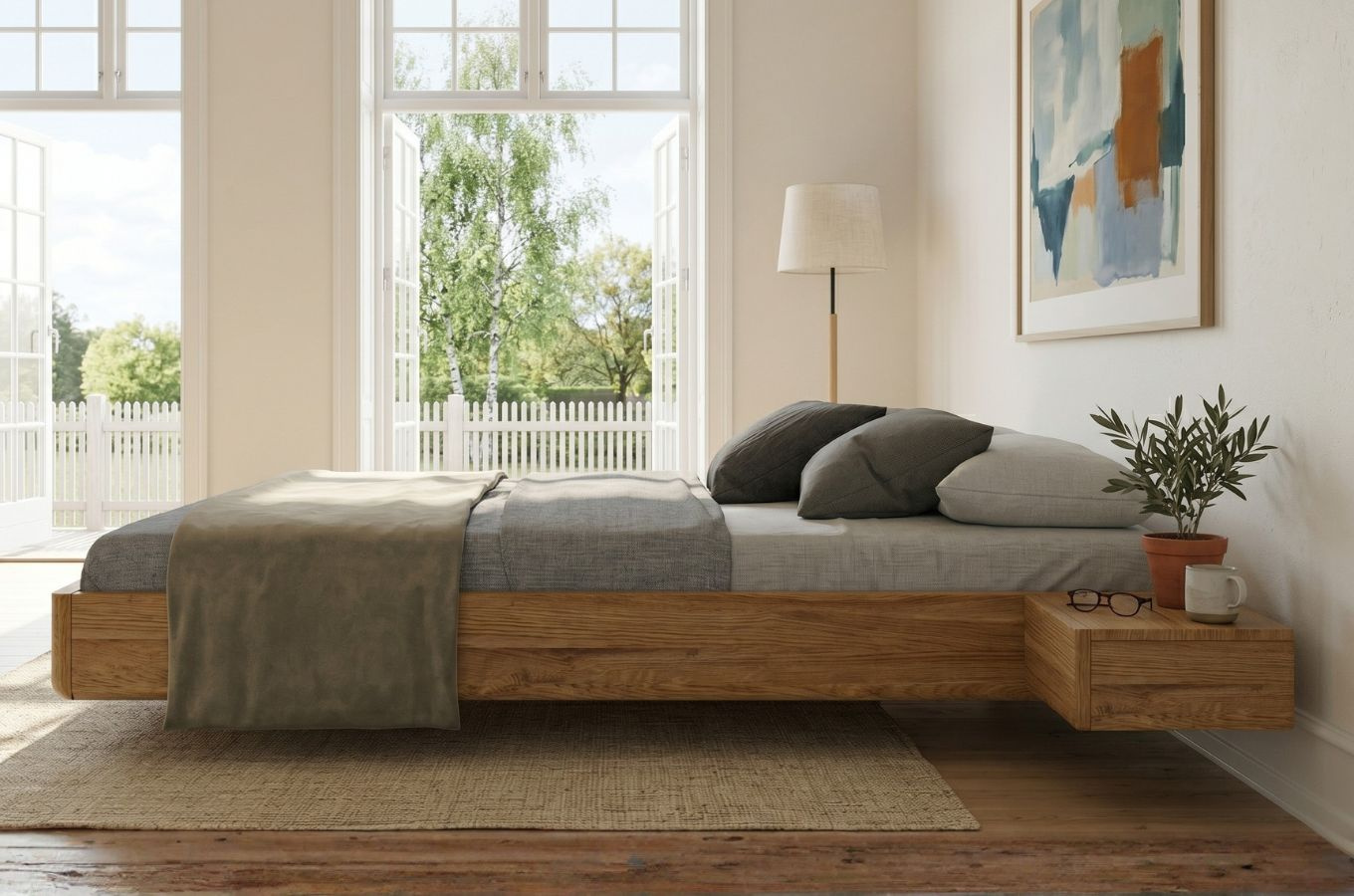 Schwebebett aus Eichenholz Visby LENA FLAT – mit oder ohne Nachttische
