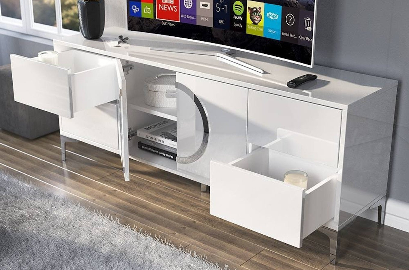 Dancan Eva Moderne Tv-Schrank Mit Silbernen Akzenten / Hochglanz / 4 Schubladen / 150 Cm / Weiß
