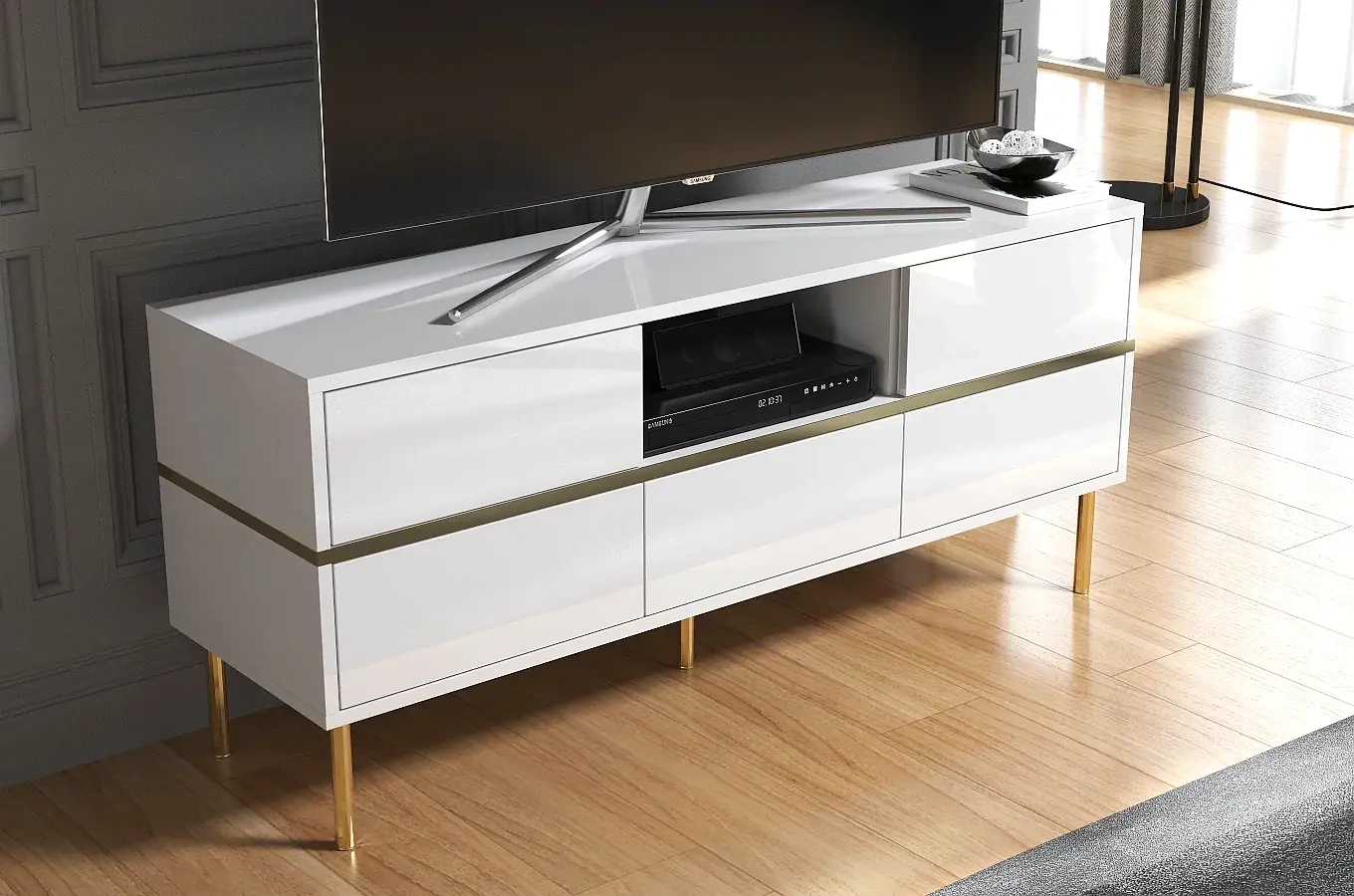Dancan Marika Tv-Kommode Mit Goldenen Akcentem / Hochglanz / 5 Schubladen / 1 Offenem Fach / 137 Cm / Weiß